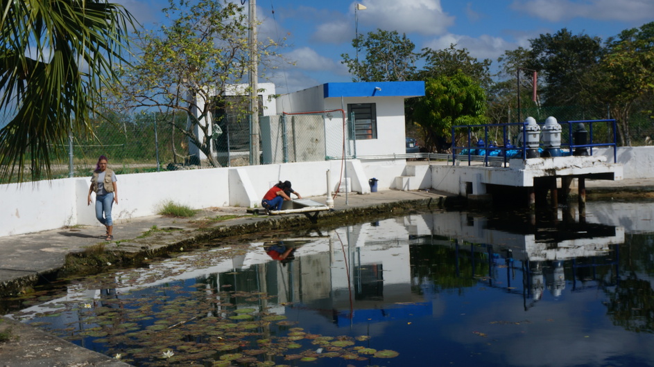 Pumps are at the right of the photo. Eli is at the left and at the center equipment is being set up for water quality monitoring.